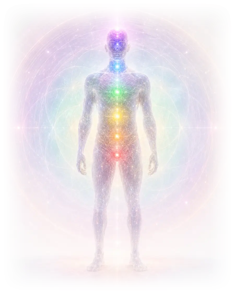A standing human figure with the seven chakra centres lit from root to crown