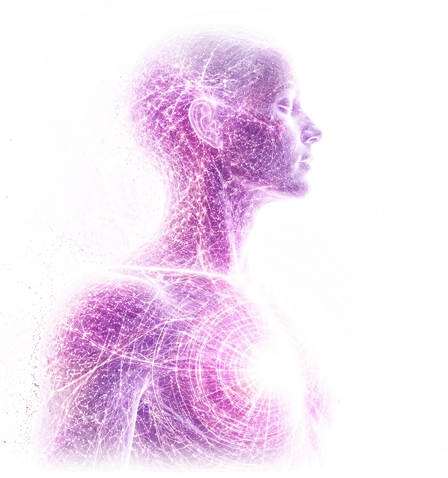 A human form rendered as a luminous energy field, radiating concentric rings from the heart centre