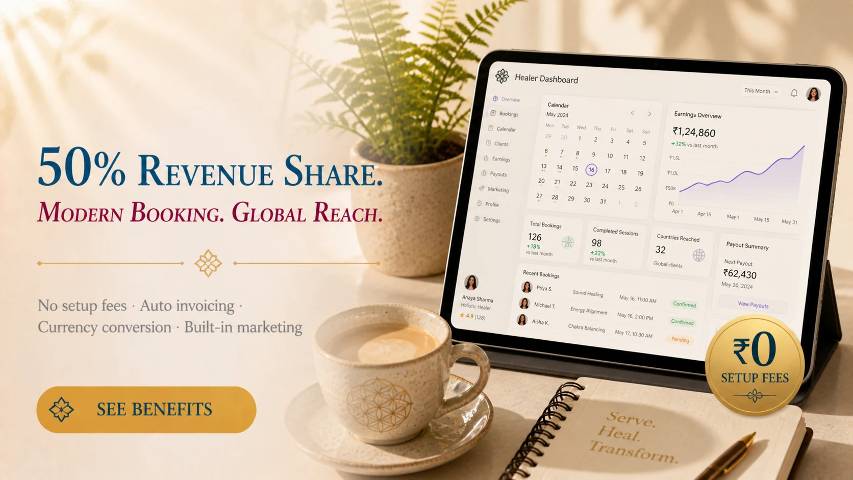 50% Revenue Share · Modern Booking · Global Reach